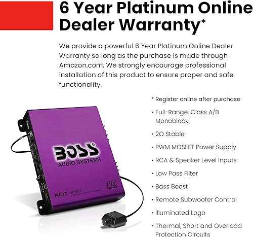 Miniatura 5 de Boss Audio Systems Amplificador de coche monobloque R1100M-P - 1100 de alto rendimiento, estable de 2-8 ohmios, entradas de nivel bajoalto, cruce de