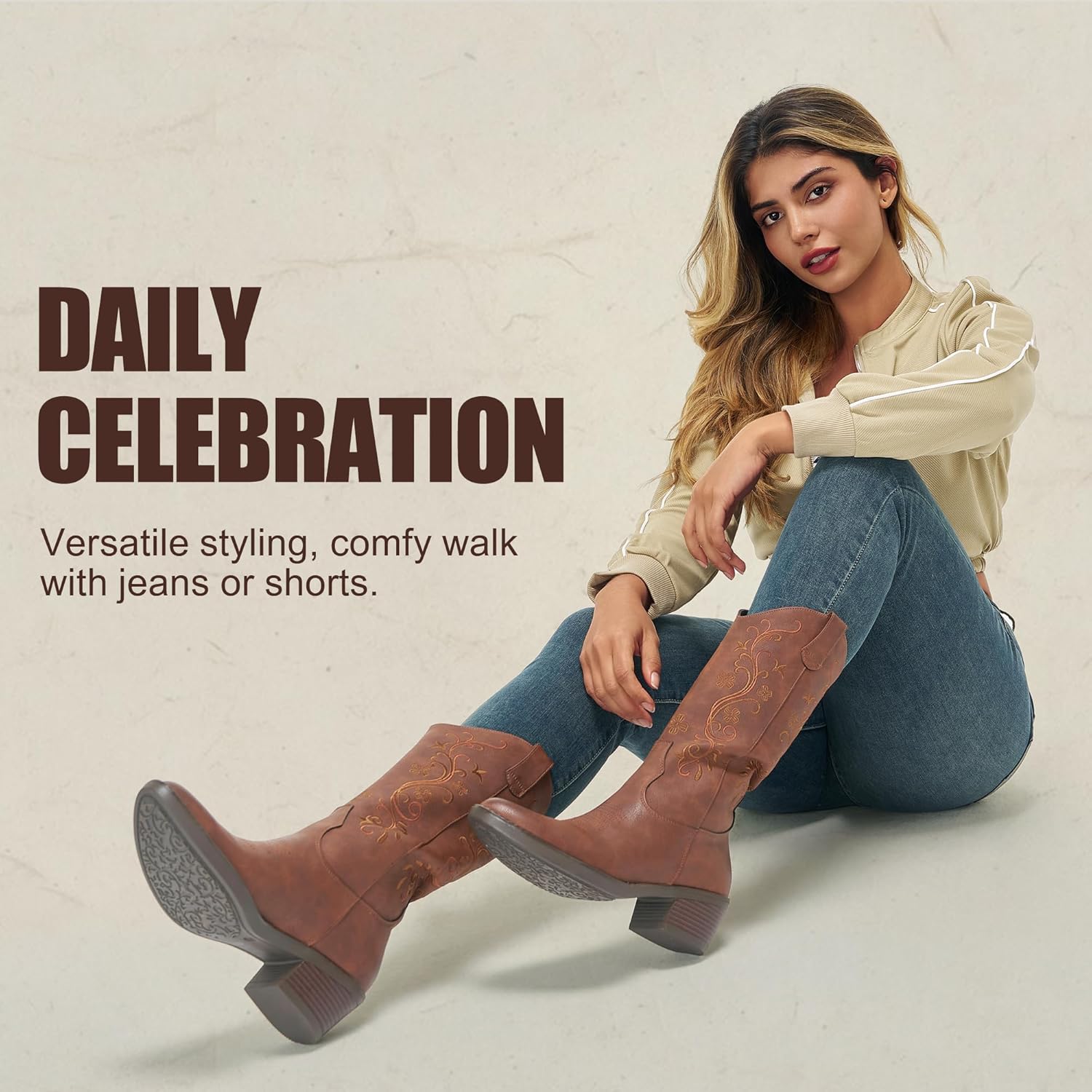 Vepose Women's Cowboy Boots, Embroidered Western Mid-Calf 9802 Cowgirl Boots, Pointed Toe Pull on Boots with Chunky Heel - Image 7