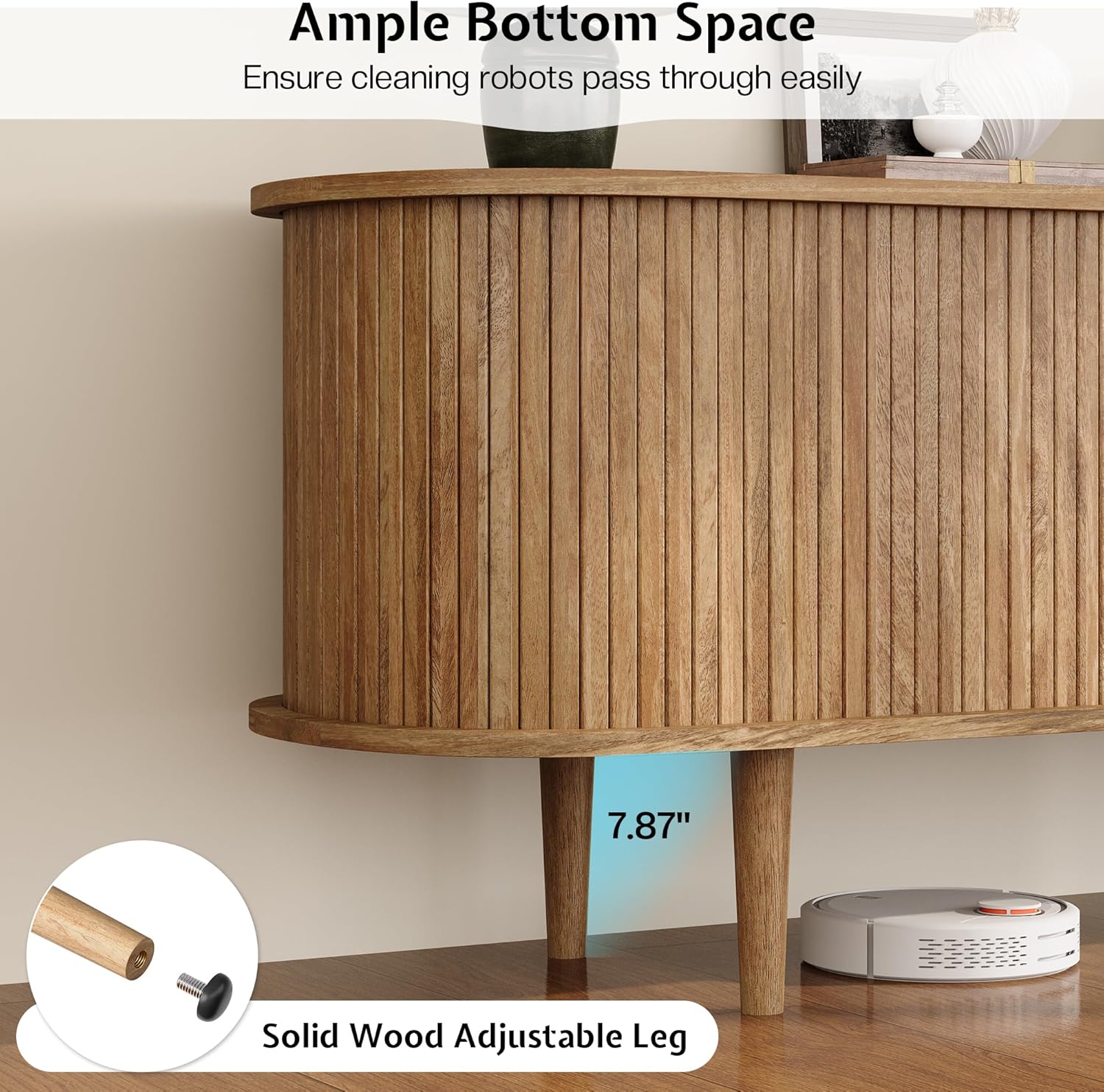 mid century 70 inch tv stand natural oak with dust-proof tambour door