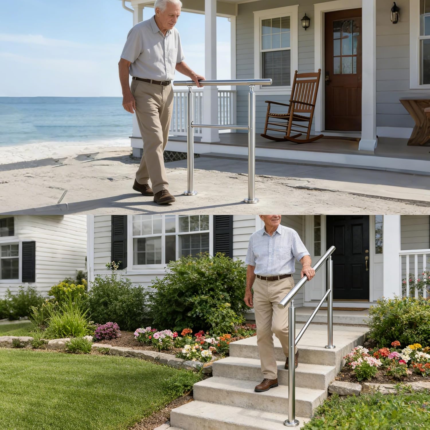 Hand Rails for Outdoor Steps – 26" L x 36" H 2-Step 304 Stainless Steel Railing Kit, Adjustable Step Railing for Concrete Steps & Porch Railing for Exterior Stairs