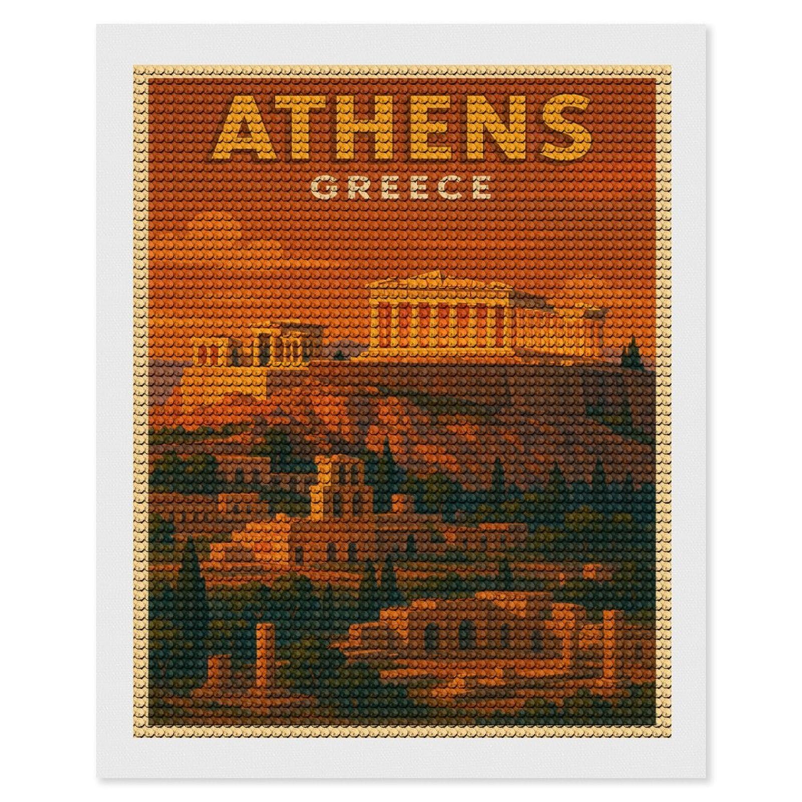 Junmoney Athens Greece Travel (3) DIY Diamond Art Canvas Kit 16"x20", for Teens, Aesthetic Room Decor, Farmhouse Decor, Canvas Picture, Birthday Gift