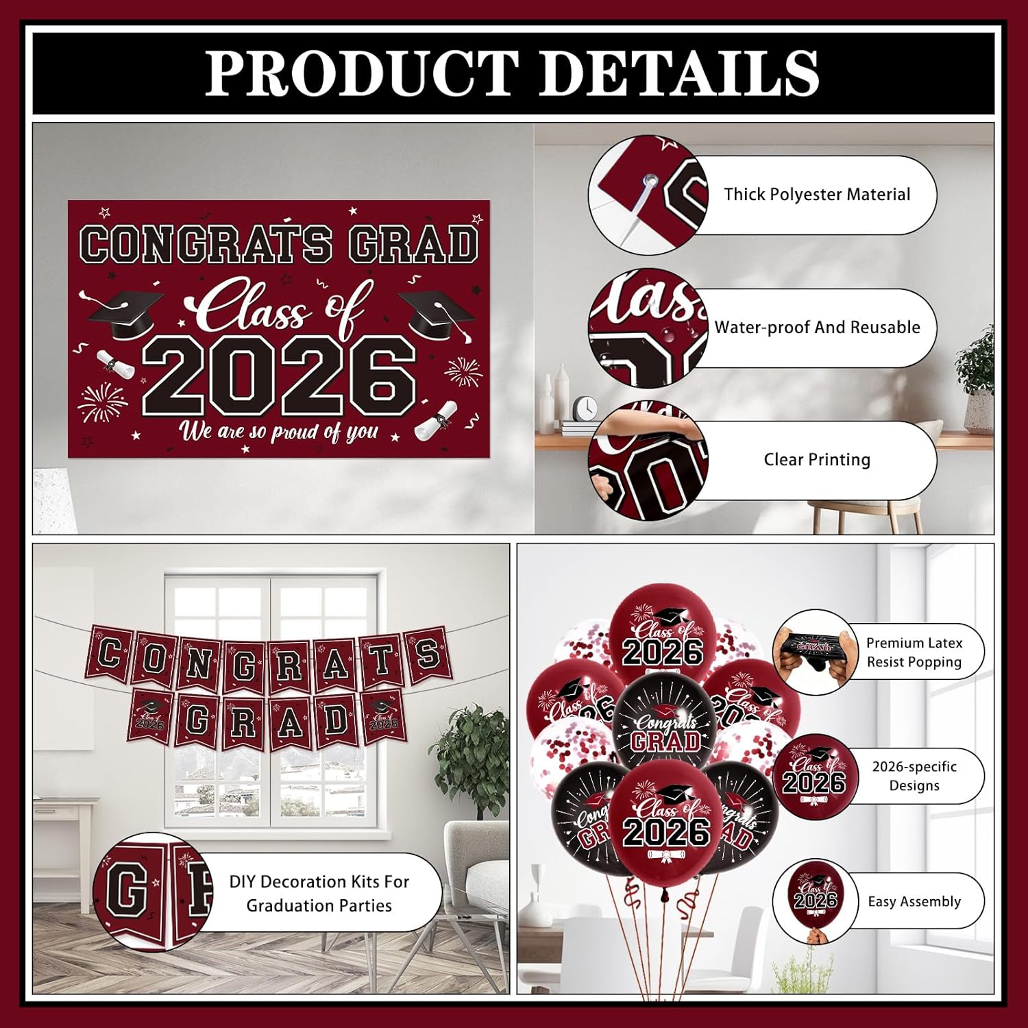 Graduation Decorations 2026 Maroon Party Decor Set with Congrats Grad Banner, Class of 2026 Backdrop, Balloons, Box & Streamers Supplies for High School & College Celebrations