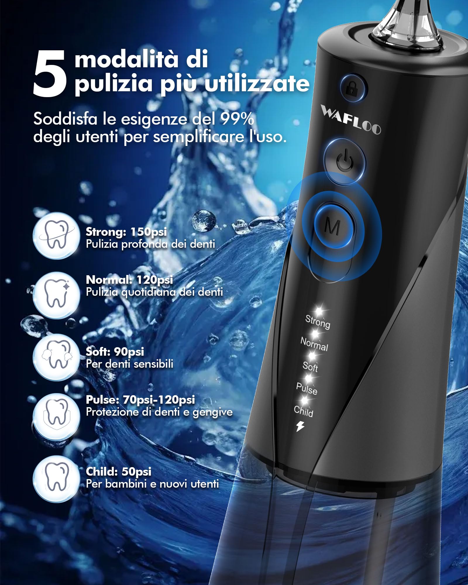 Idropulsore Dentale con 5 Modalità e 6 Beccucci - Design Portatile e Ricaricabile, Serbatoio da 300ml, Pulizia Profonda per Denti e Gengive, Impermeabile IPX7（nero）