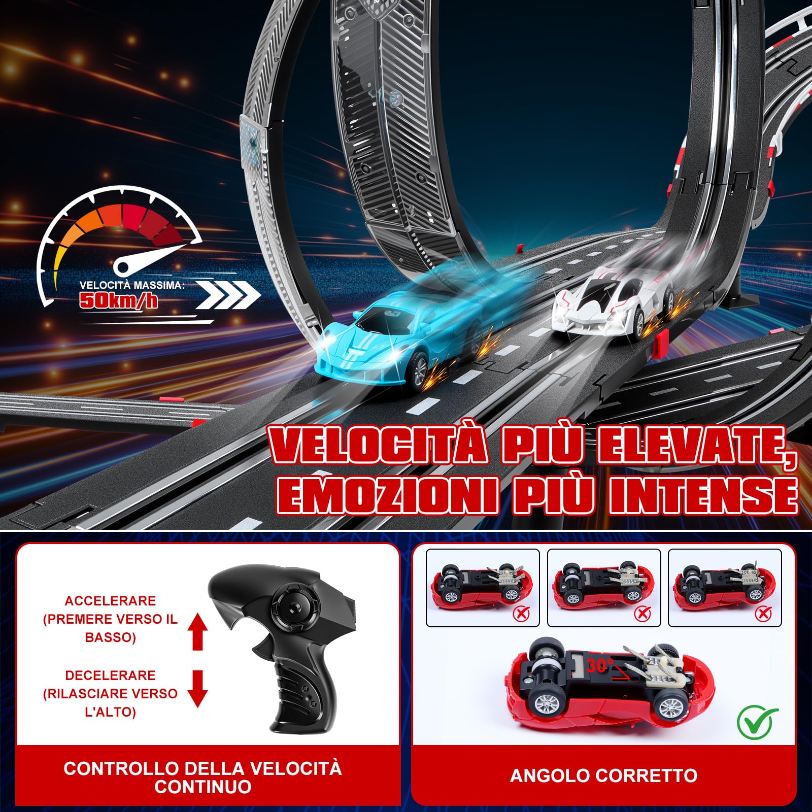 Piste Corsa Elettriche, Illuminato Pista Macchinine Piste Auto Bambini - 4 LED Macchine, Spina, 360° Cerchio, Comandi, Contatore, Piste Corsa Bambini 3 4 5 6 7 8 Anni Giocattoli Regali (L)