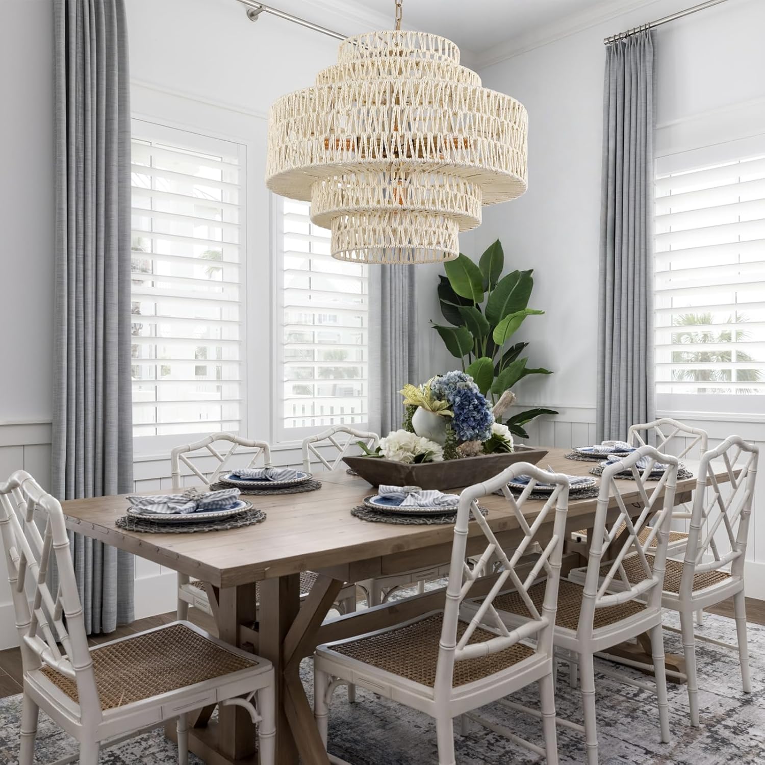 23.62in White Rattan Large Chandeliers Light, 6-Light Hand-Woven 5-Tiers Rattan Pendant Light Fixtures for Dining Room Living Room Bedroom Kitchen Island Sunroom Foyer Restaurant