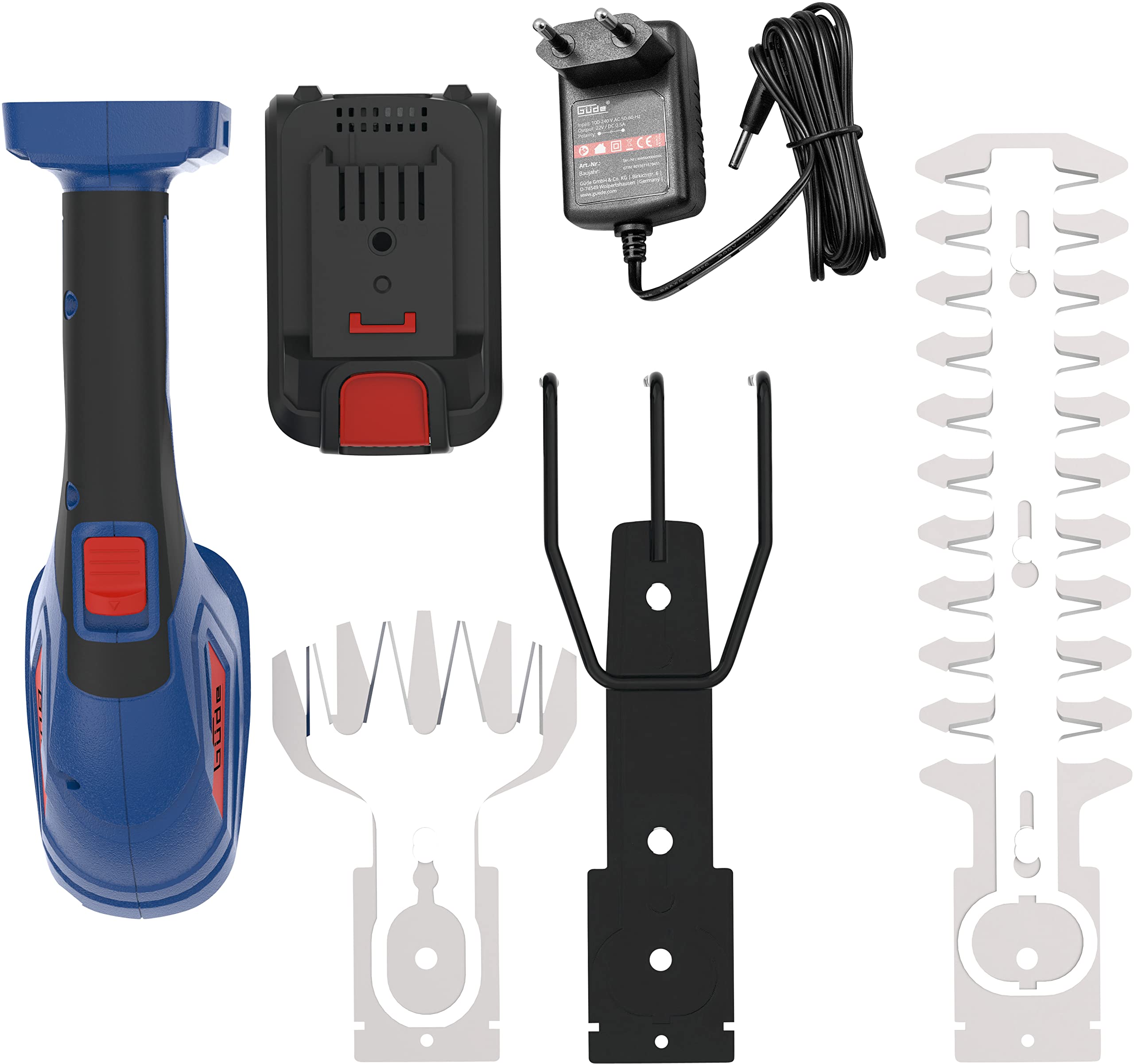 Güde Akku Gartenpflege-Set GPS 18-201-05 (18V, Grasscherenaufsatz, Hecken-/Strauchscherenaufsatz, Harkenaufsatz), Blau, Schwarz, Rot