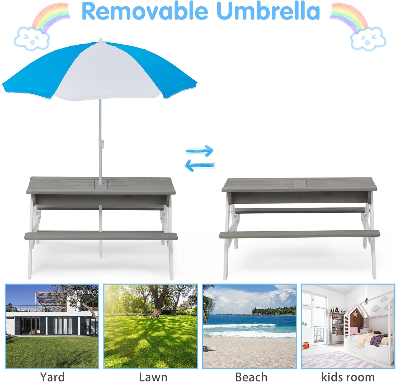 37" Kids Outdoor Wooden Picnic Table, 3-in-1 Wooden Table Chair Set with Removable Umbrella for Garden, Beach, Backyard, Porch, Patio (Grey)