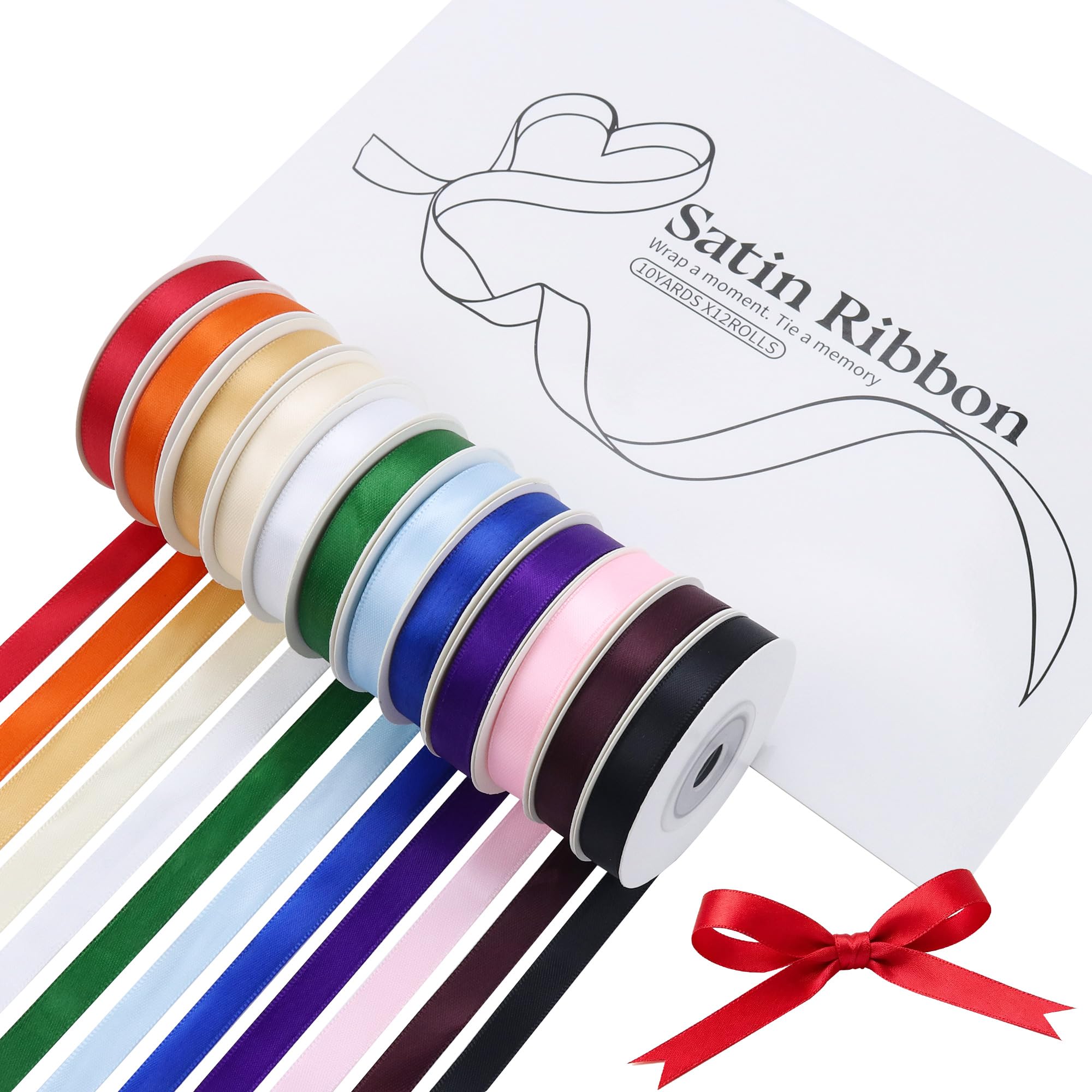 120 Yards Satin Ribbon Set, Rainbow Double Faced Ribbon for Gift Wrapping