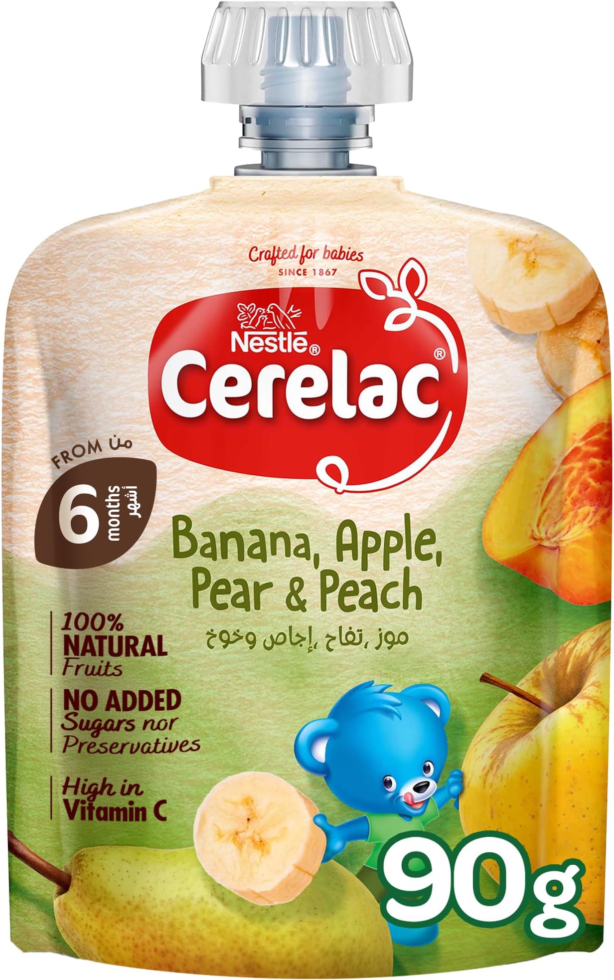 Nestle Cerelac Baby Food Fruits Puree Banana, Apple, Pear & Peach pouch, High in Vitamin C, 100% Natural Fruits, No Added Sugars, No artificial flavors, No preservatives. 90G (6m+)