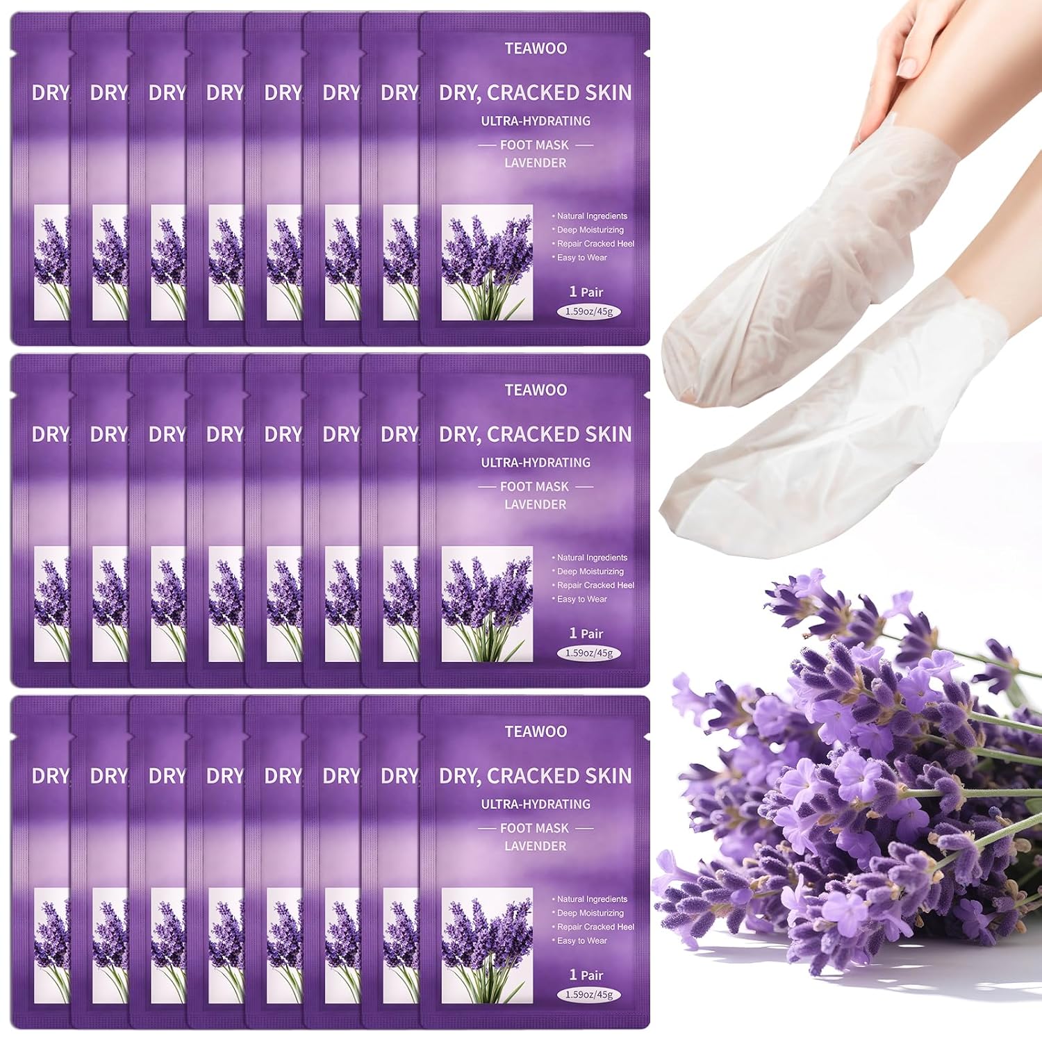 TEAWOO 24 Pairs Moisturizing Foot Masks with Lavender Oil & Jojoba Oil, Intensely Hydrating Foot Mask for Dry Cracked Feet, Moisturizing Socks for Cracked Heel Treatment