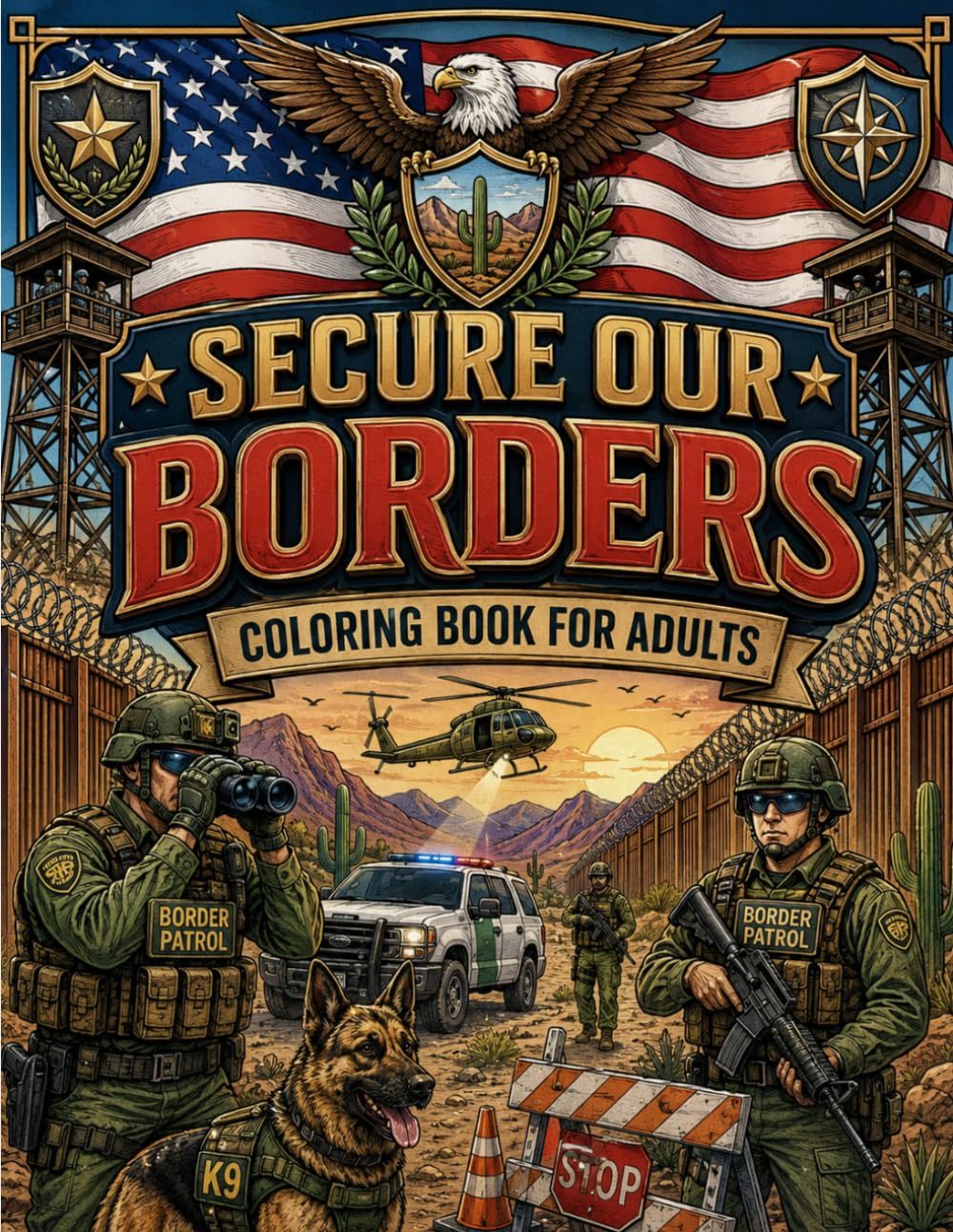 Frontier Defense Coloring Book for Adults: Featuring Tactical Patrol Scenes, Desert Missions, K9 Units, Protective Teams, and Adventure-Inspired Illustrations