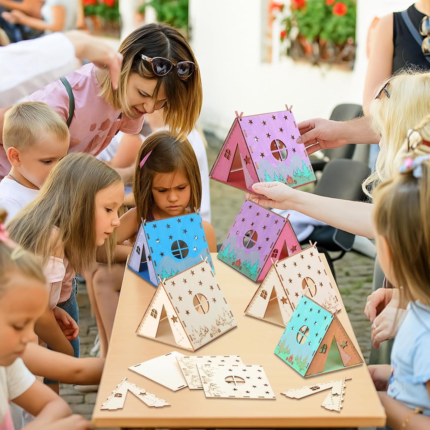 DoubleFill 12 Pcs Camping Crafts Paint Wood Tent for Kids Camping Activities DIY Summer Camp Craft Ornament for Kids Birthday Party Favor Home Vbs Sunday School Art Classroom Nursery (Tent)