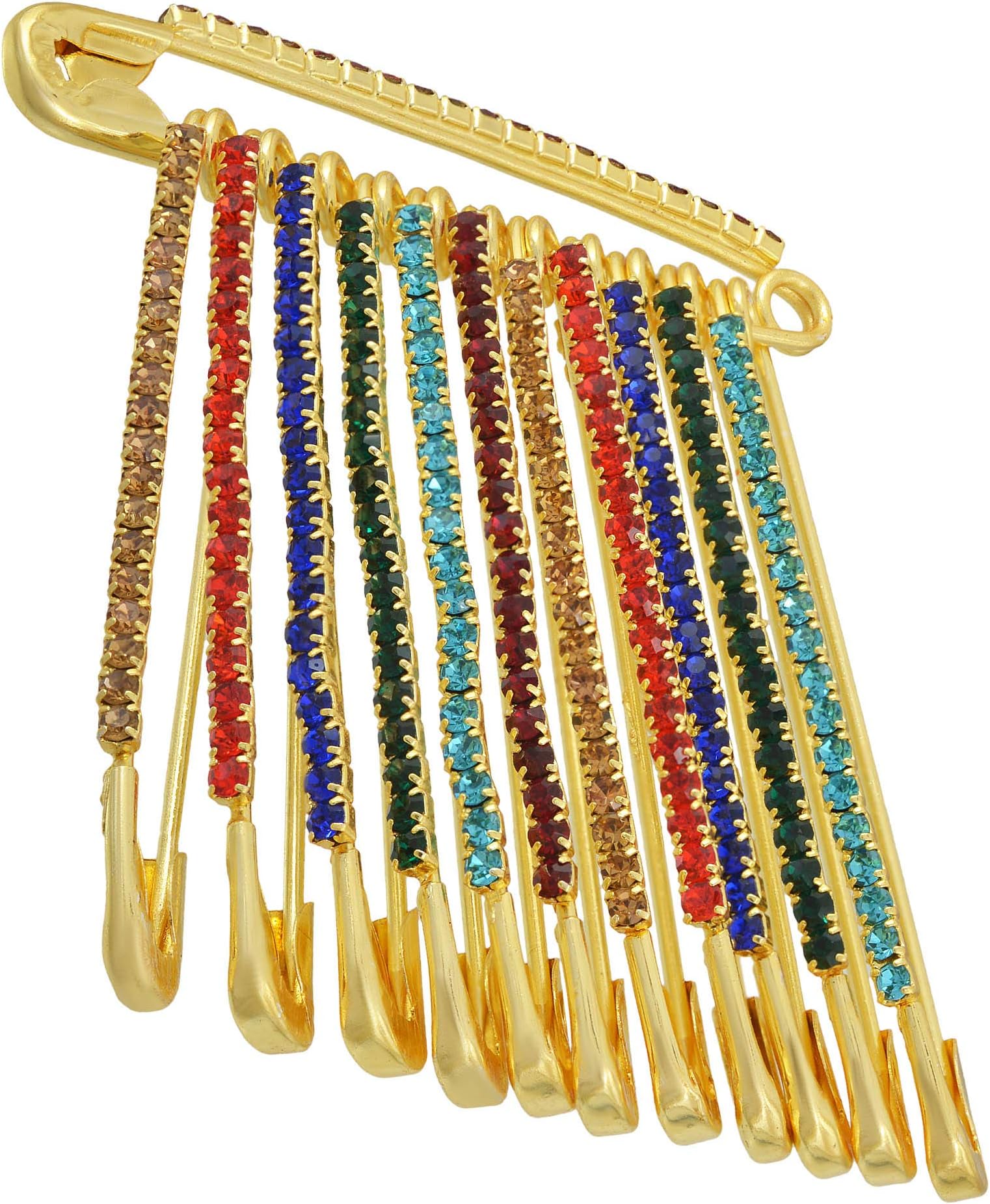 Brass Gold Plated Multicolor Stones Saree Pins Dupatta Safety Pin Brooch for Women and Girls - Ethnic Traditional Clip on Fashion Accessory (Set of 12)