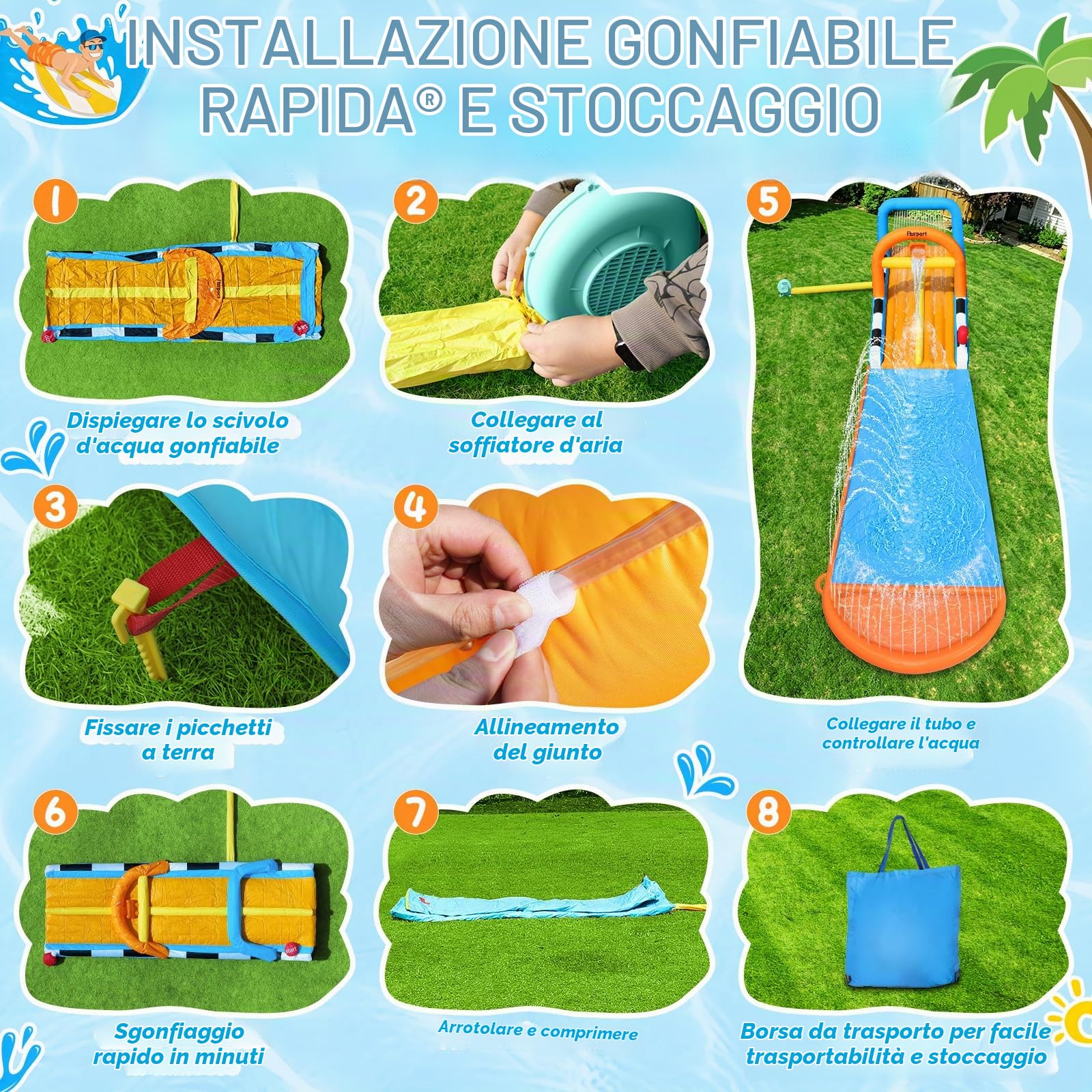 FBSPORT 10M Castello Gonfiabile per Bambini, Scivolo d'Acqua Gonfiabile a 2 Corsie, Gioco Gonfiabile per Esterno con Irrigatori & 2 Tavole da Surf, Giocattolo Estivo per Giardino