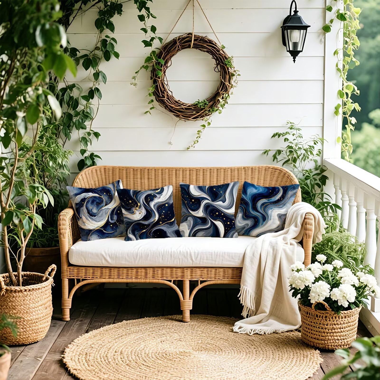 Blu Federe Cuscini Divano 40x40cm, Cuscini da Esterno Set de 4, Cod-152 | Lin Copricuscini Decorativi Letto Arredo, per Letto, Soggiorno, Giardino, Esterno, Casa Decorazione Set di 4 Naturale