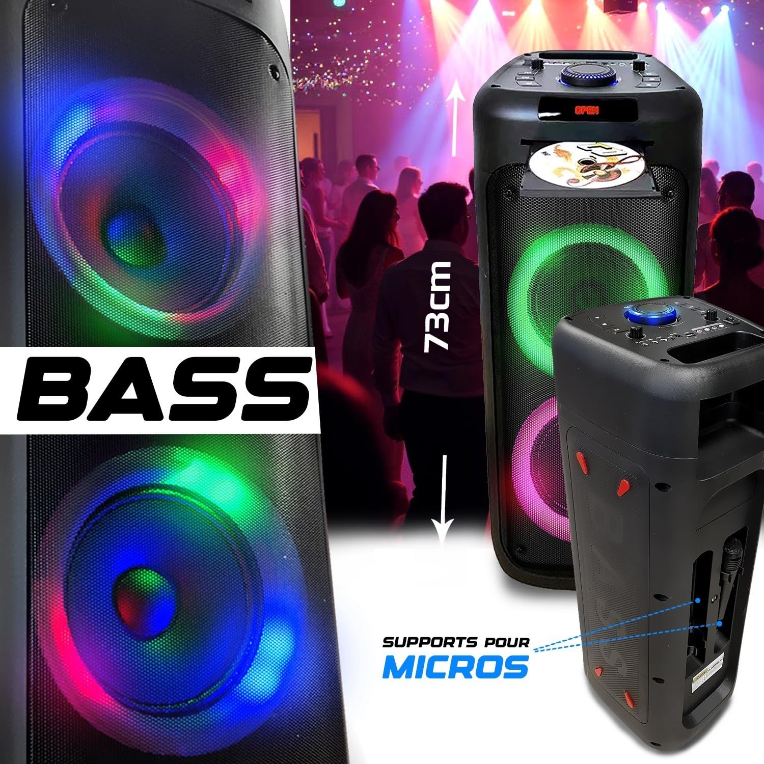 Autonomer DJ-Lautsprecher, 1000 W, beleuchtet, CD-Player, Akku, Bluetooth, USB, Sono, Radio, Partybox, Abend, Party, Geburtstag