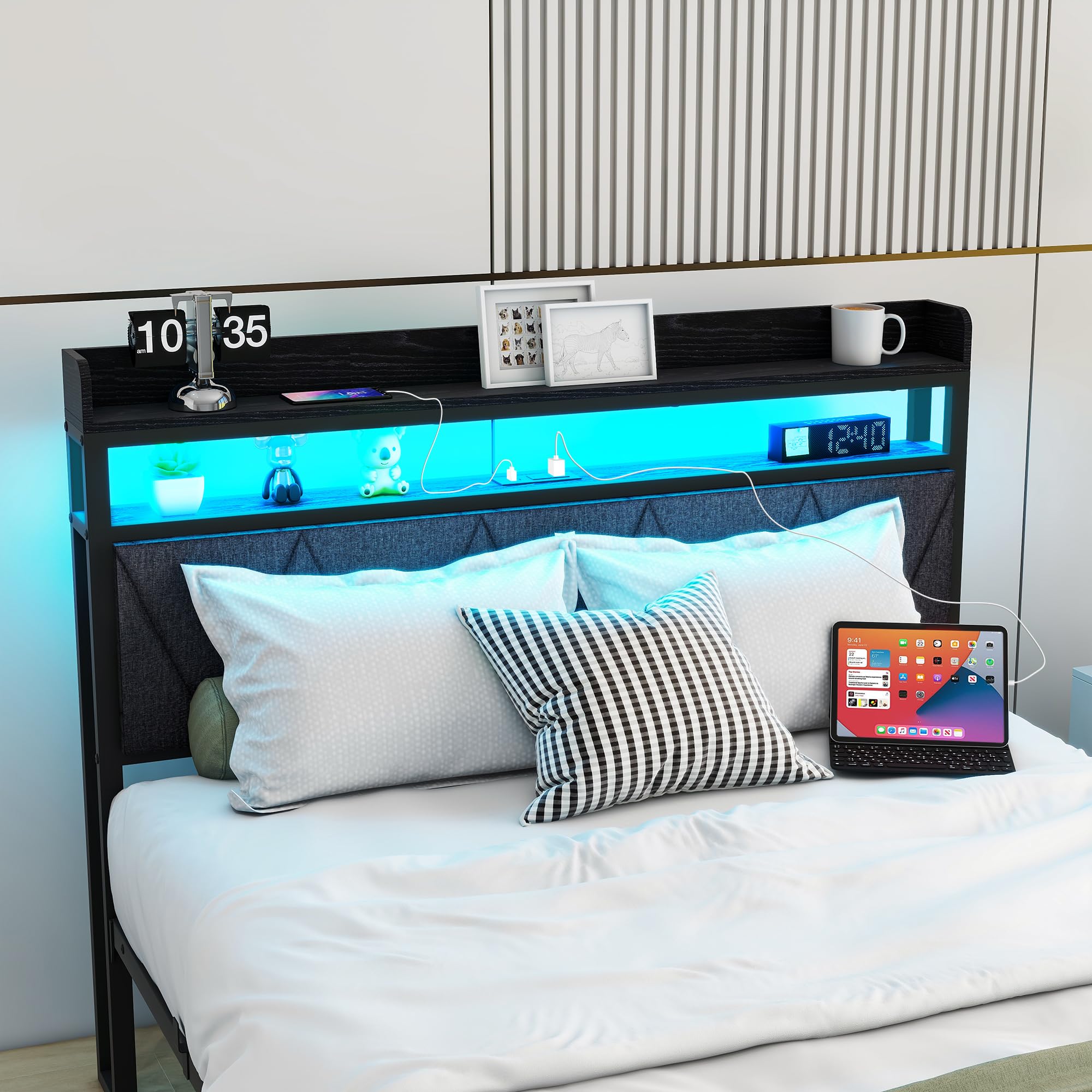 Estructura de cama tapizada de 120 x 200 cm, marco de cama doble con LED y estación de carga, marco de cama con espacio de almacenamiento, cama juvenil, cama de invitados con cabecero