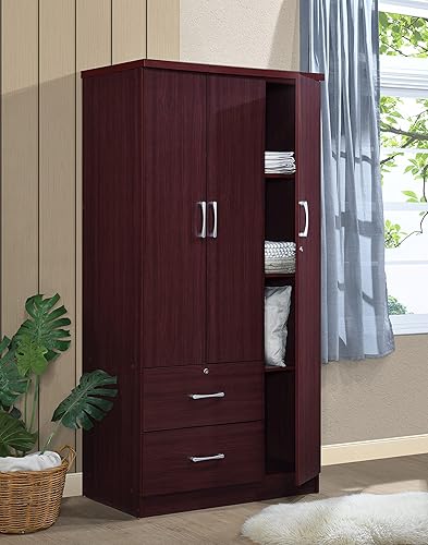 Vista 5 de Hodedah 3-Door Armoire with 2-Drawers, 3-Shelves in Mahogany