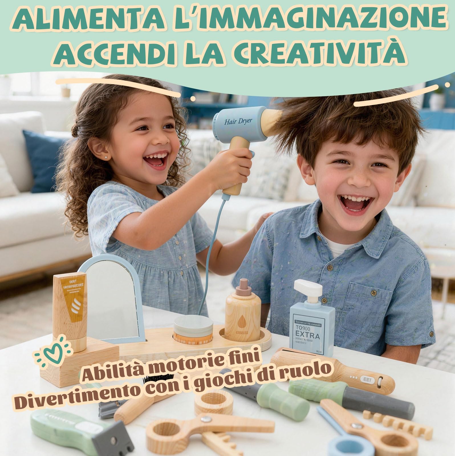 Set di valigie da parrucchiere in legno per ragazze – giocattoli per bambini regalo parrucchiere cassetta degli attrezzi con piastra lisciante pettine specchio e accessori per lo styling beauty trucco