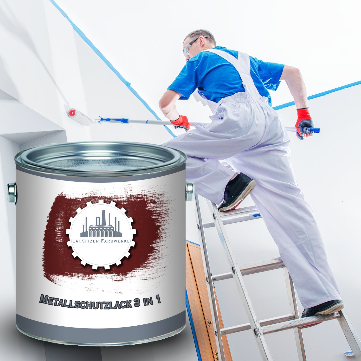 Lausitzer Farbwerke Farba ochronna do metalu 3 w 1, lakier ochronny do metalu 3 w 1, oszczędzasz sobie produktów antykorozyjnych, farba do metalu, stali, żelaza, cynku, aluminium (5 l, czerwono-brązowy (RAL 8012))