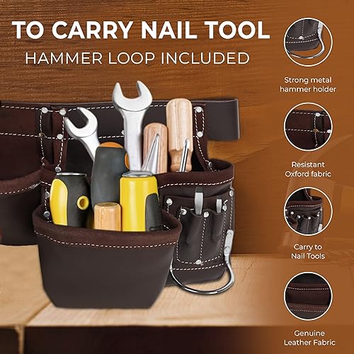 Miniatura 5 de Bolsa de cuero para cinturón de herramientas, cómodas bolsas de herramientas de apoyo para la espalda con tirantes para construcción, enmarcadores,