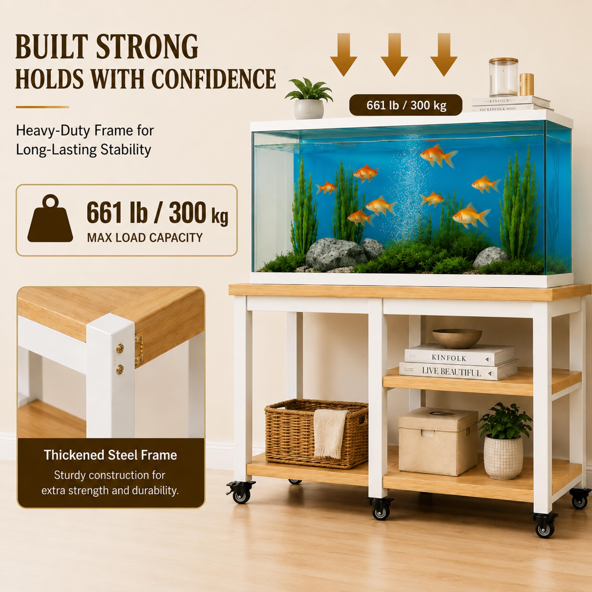 Supporto Acquario con Ripiani, 300 kg, Mobile Acquario con 6 Ruote