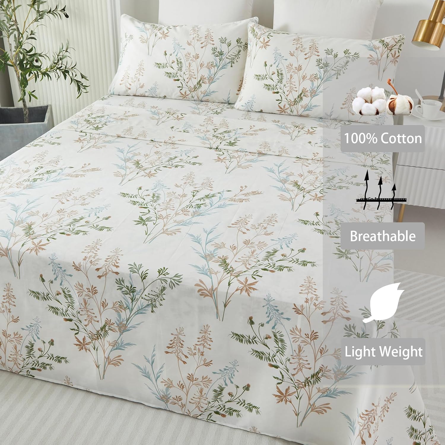 Helthep Twin XL Floral Sheets - 100% Cotton Green Leaves Print, Deep Pocket, 4Pcs White Botanical Vintage Flower Sheet