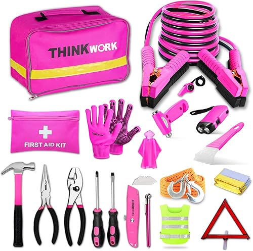 Miniatura 33 de THINKWORK - Kit de emergencia de automóvil, kit de asistencia de emergencia en carretera con cables de arranque de 10 pies, kit de primeros Rosado