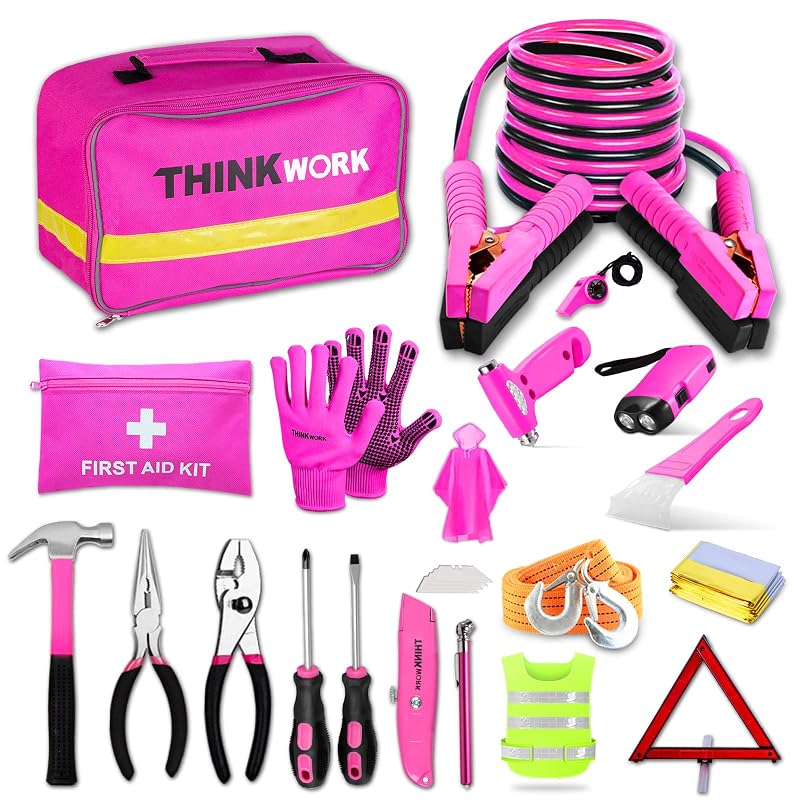 Kit de Emergência Automotiva THINKWORK Rosa com Ferramentas e Kit de Primeiros Socorros, 75 Peças