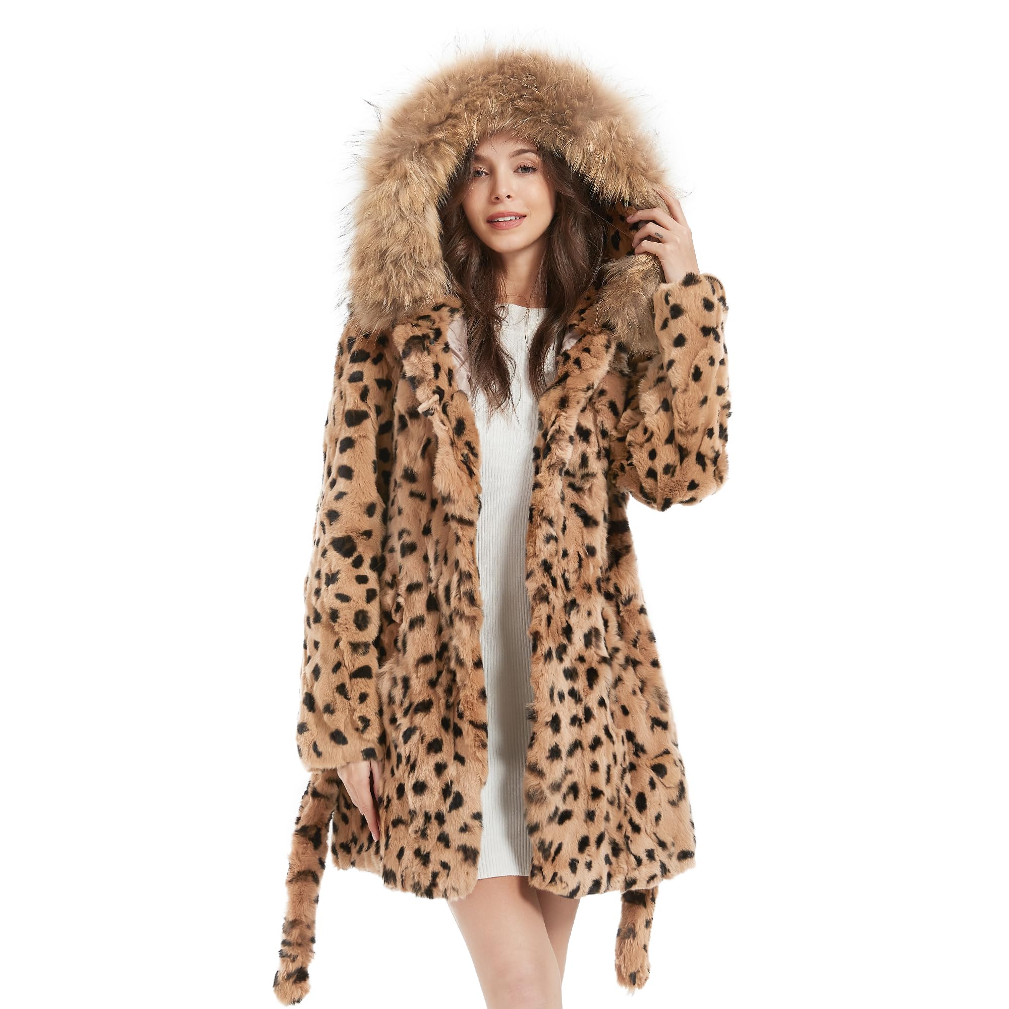Women's Genuine Rabbit Fur Coat with Raccoon Fur Trim Hood Winter Jacket