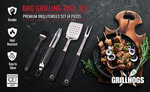 Miniatura 9 de GRILLHOGS Juego de herramientas para parrilla de barbacoa resistente, madera de nogal premium, espátula con abridor de botellas y borde dentado,
