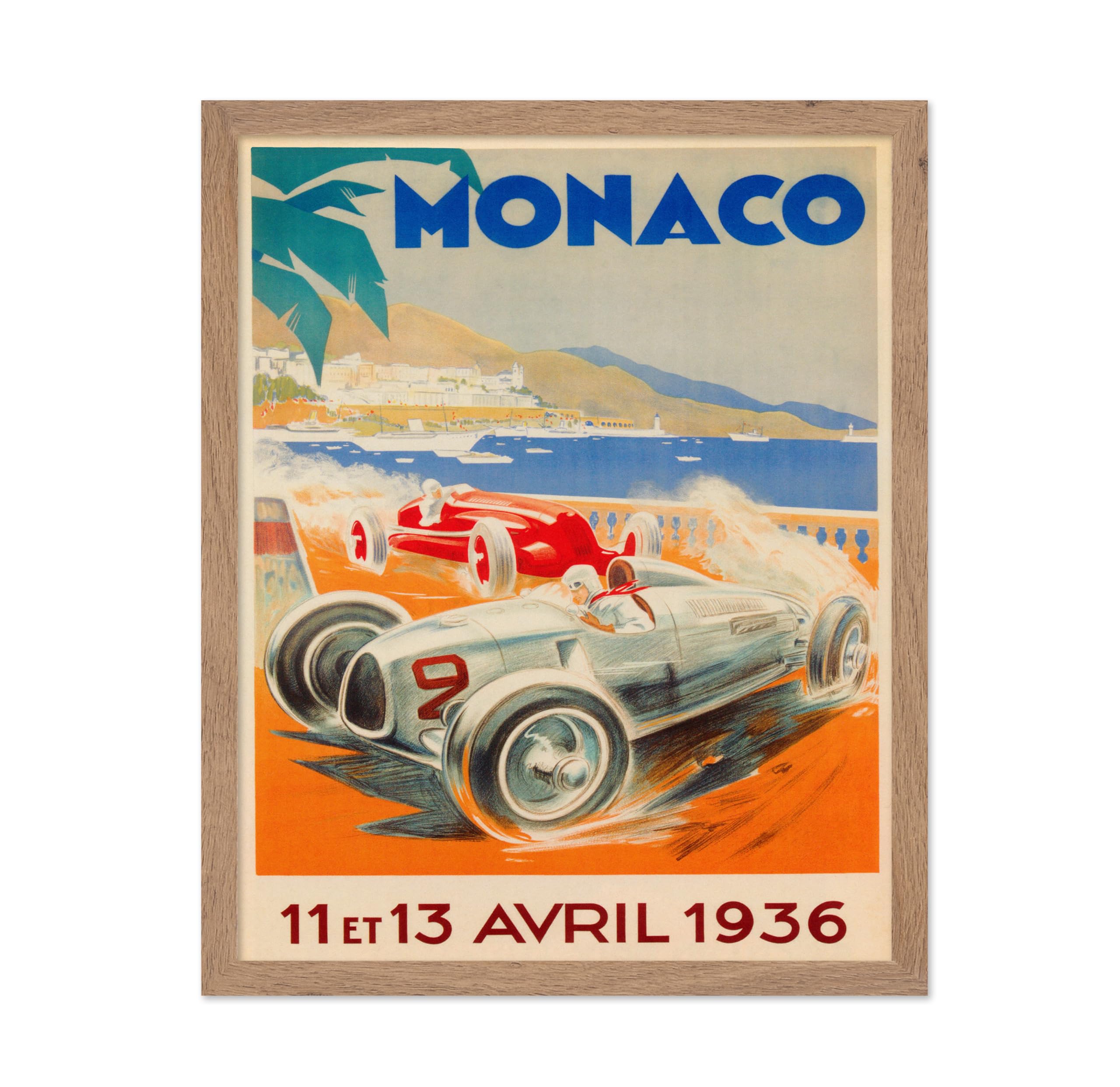 Monem Art Monaco Car Racing Print - Vintage Wall Art - Car Race Poster - Great Wall Decor Gift for Home, Office, Living Room, 8x10 Beige Framed