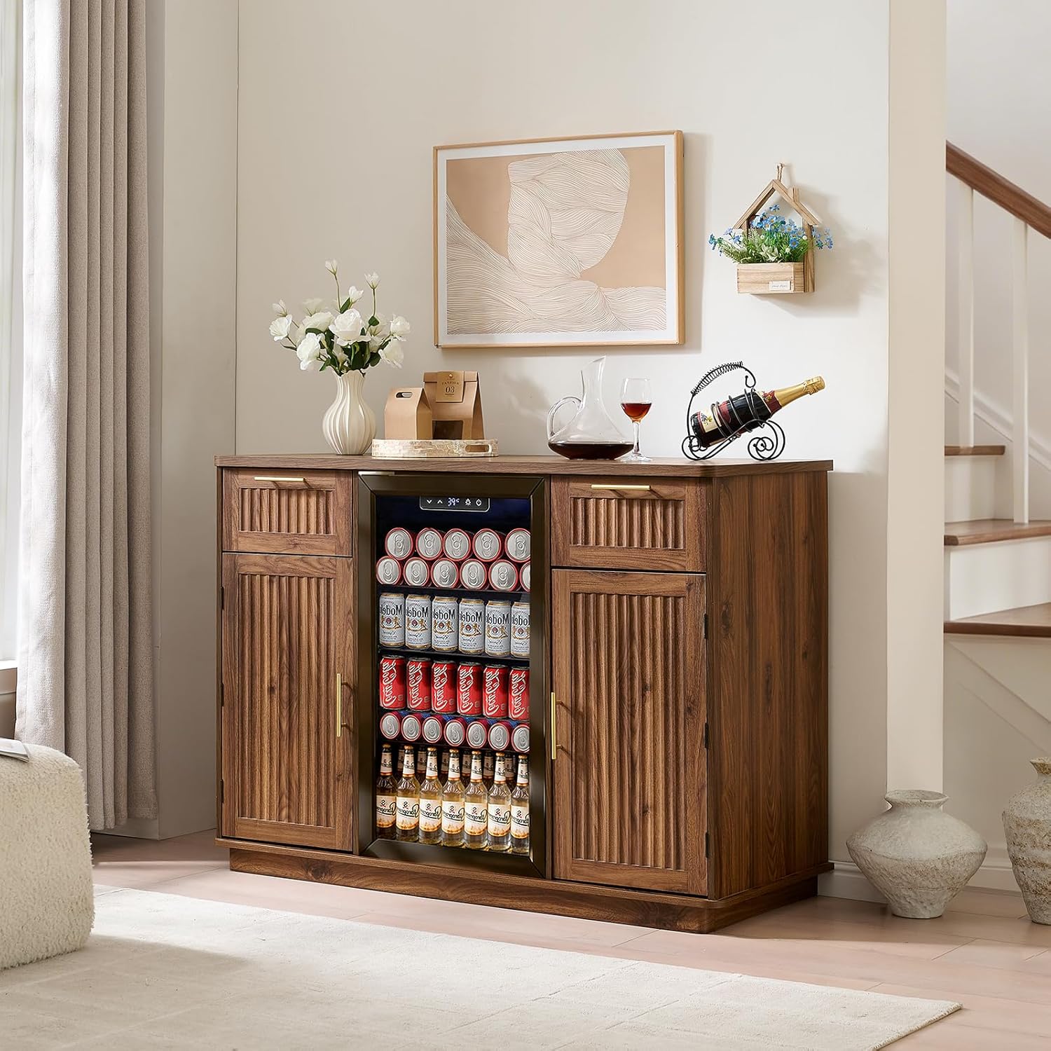 Okvnbjk Mini Fridge Cabinet with Power Outlet & Storage — Bar Cabinet with Fridge Space, Fluted Wine Bar with Wine Rack & Drawers, Coffee Station for Living Room & Dining Room