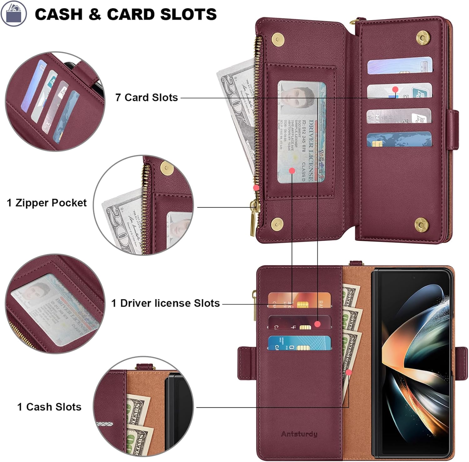 Antsturdy Compatible with Samsung Galaxy Z Fold 4 Case Wallet Women with【S Pen Holder】 Phone Case with Card Holder Strap PU Leather RFID Blocking Flip Protective Cover Credit Slots Men,Wine Red