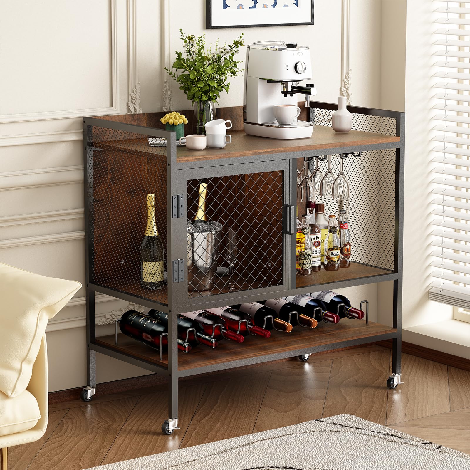 DAWNYIELD Wine Cabinet Sideboard 3-Tier Bar Table with Wheels Wine Rack Stemware Holders Mesh Door Industrial Kitchen Storage Cabinet Drinks Storage Display Cupboard for Home Bar (Vintage)