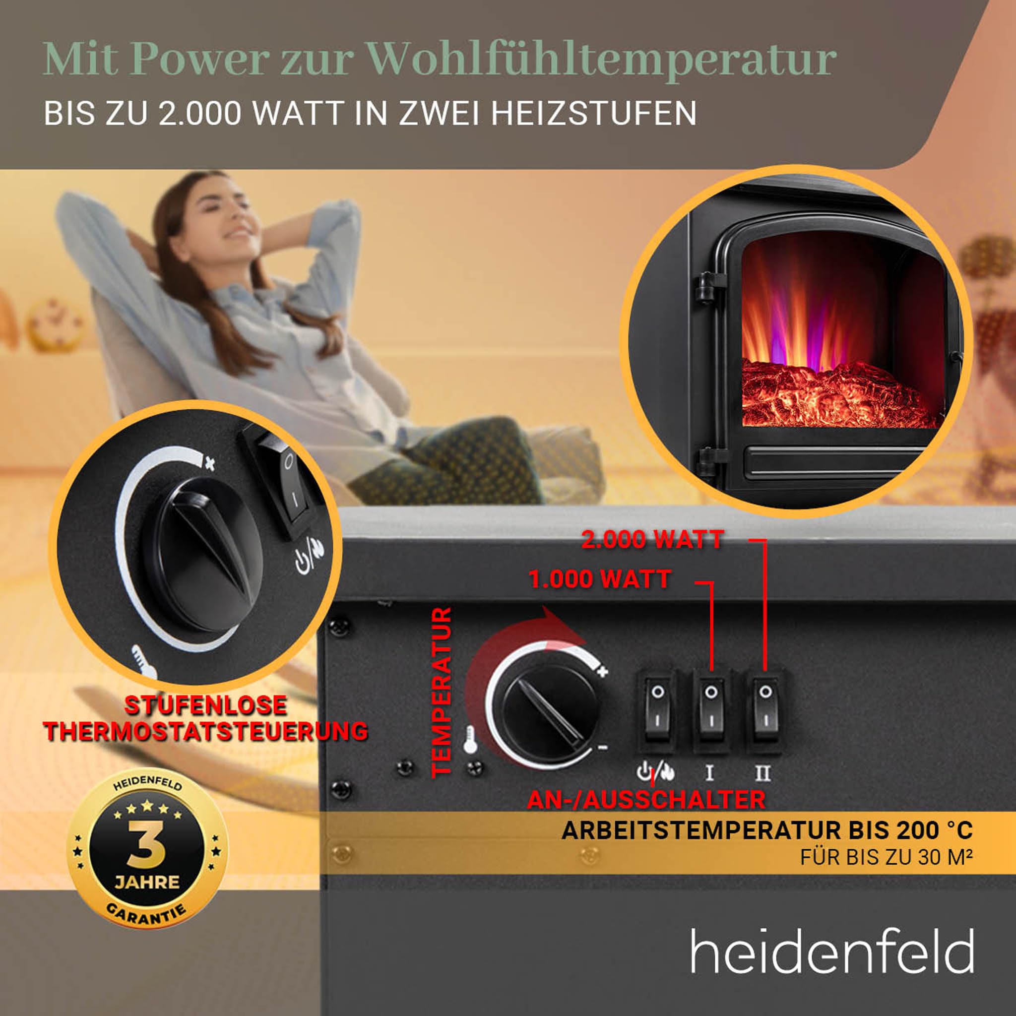 Heidenfeld Elektrokamin EK100 | 𝟯 𝐉𝐀𝐇𝐑𝐄 𝐆𝐀𝐑𝐀𝐍𝐓𝐈𝐄 - 2000 Watt - Energiesparende LEDs - Glasfront - 2 Heizstufen - 3D Flammeneffekt Kaminfeuer - Kaminofen Bis 30 m² (Schwarz 2.0)