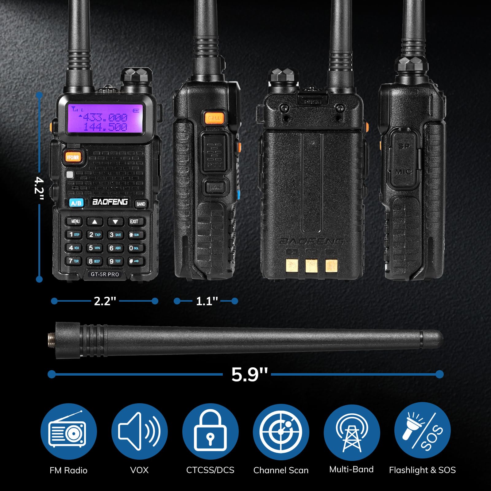 BAOFENG Chirp GT-5R Pro Talkie-walkie Dual Band pour UHF VHF 144-146/430-440 MHz, grande portée avec mémoire pour 128 canaux, batterie 1800 mAh, casque pour adulte