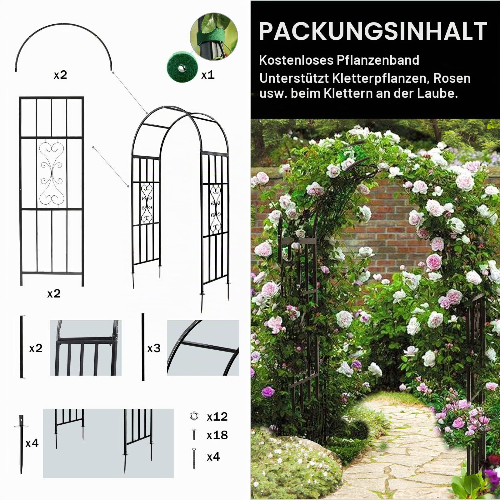 114 cm x 210 cm Rosenbögen, Gebogene Metall-Dauerhafte Eisen Rankhilfe Pflanzenständer für den Außenbereich Rosenlaubengarten Kletterpflanzen Hochzeitsbögen Zeremonie