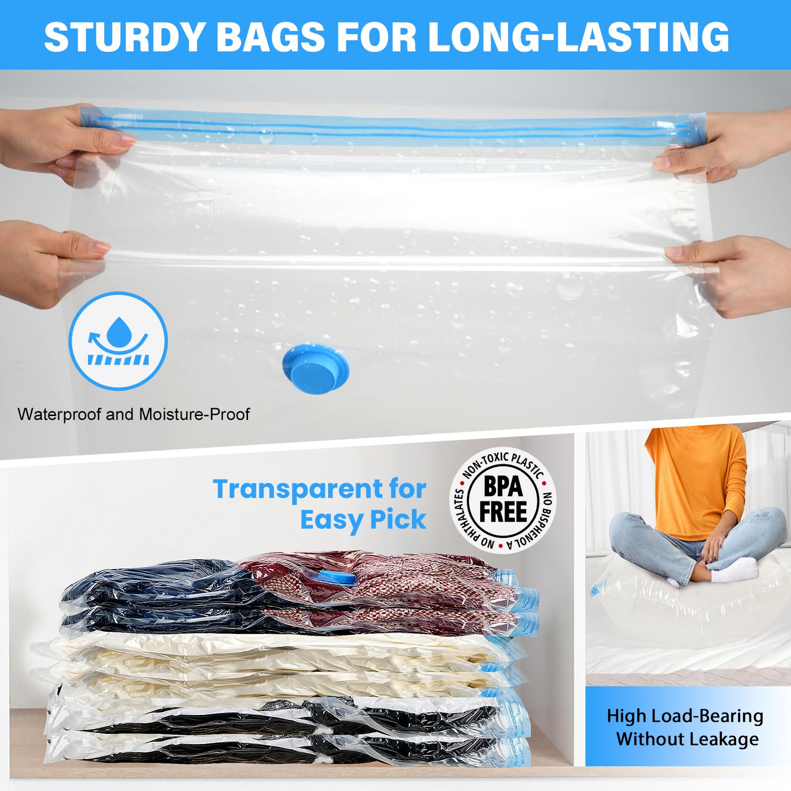 Paquete de 12 bolsas gruesas de almacenamiento al vacío medianas para ropa con bomba de mano, bolsas selladas al vacío para ropa, edredones y mantas