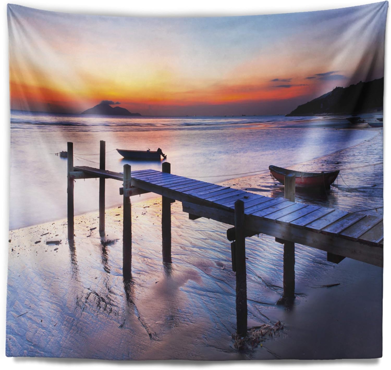 Designart ' Old Wooden Pier at Sunset' Seascape Tapestry Blanket Décor Wall Art for Home and Office, Created On Lightweight Polyester Fabric x Large: 92" x 78"