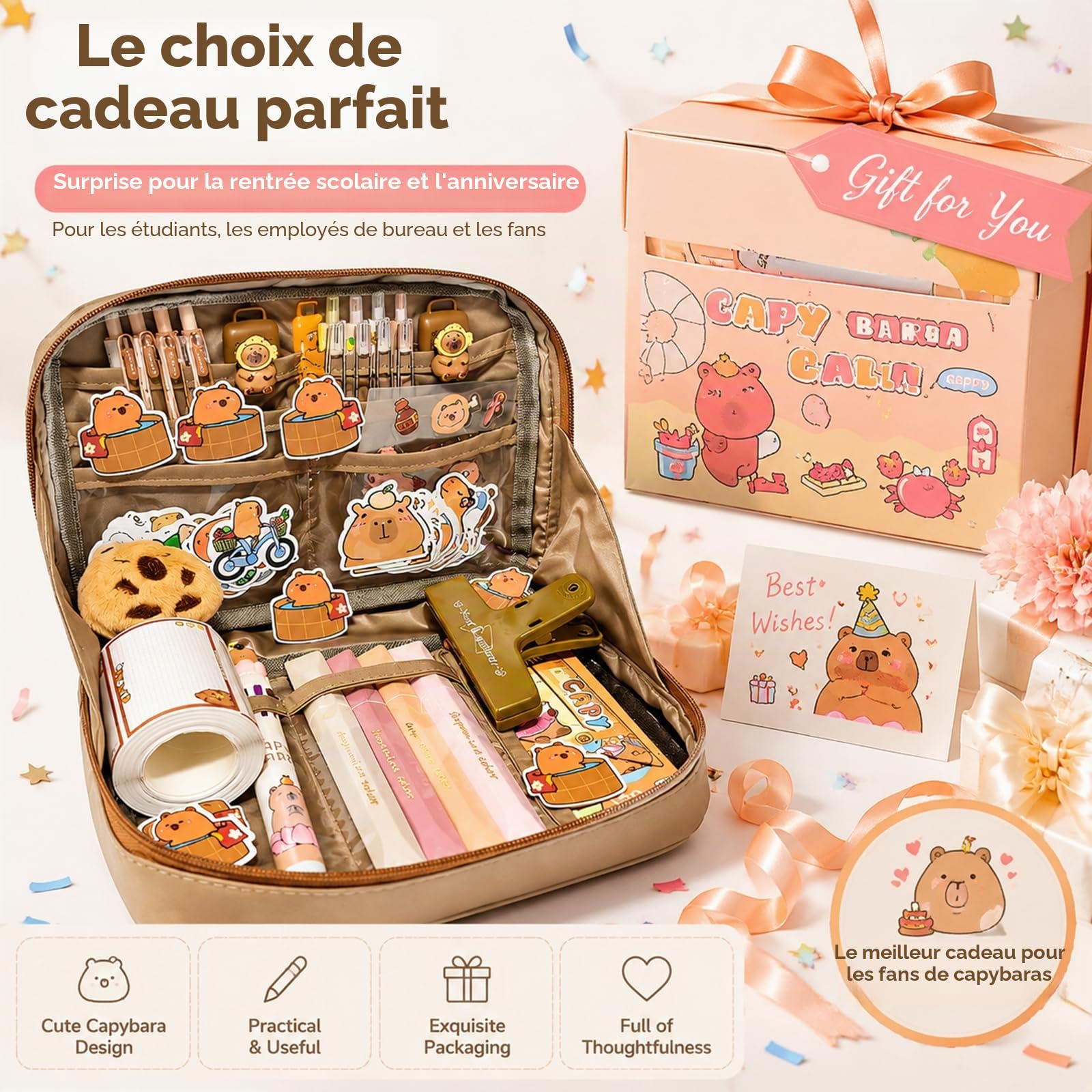 Trousse Capybara 81 Pièces Set, Capybara Papeterie avec Stylos, Pinces, Autocollants, Règles Et Plus Encore, Fournitures Scolaires et de Bureau, Cadeau Rentrée ou Anniversaire