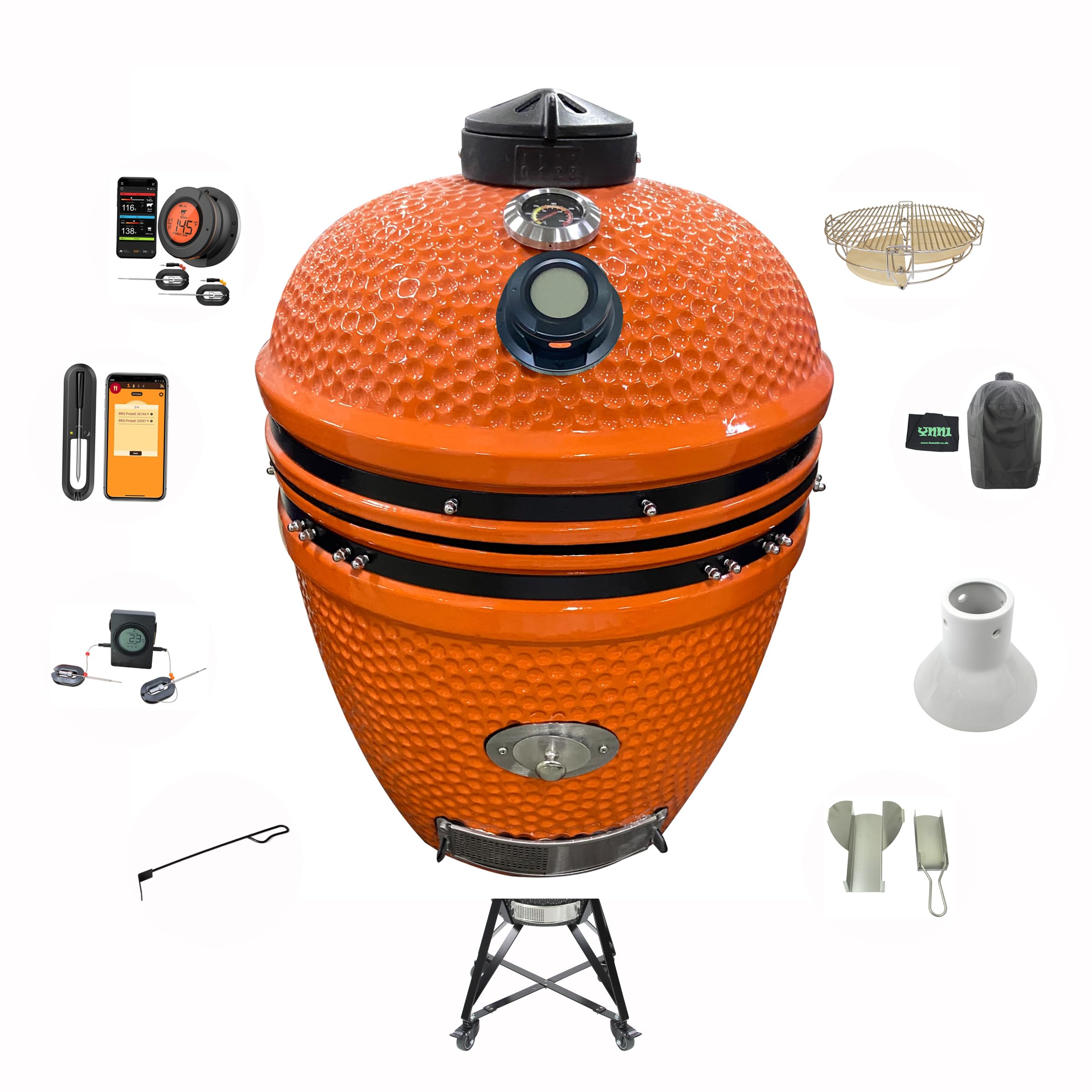 YNNI KAMADO TQTT18OR Duży zestaw Kamado, grill 45 cm, pomarańczowy, podwójny termometr z podajnikiem chipów, dziel i podbijaj, pokrywa, cyfrowy termometr, ceramika, jajko, palacz, TQTT18OR