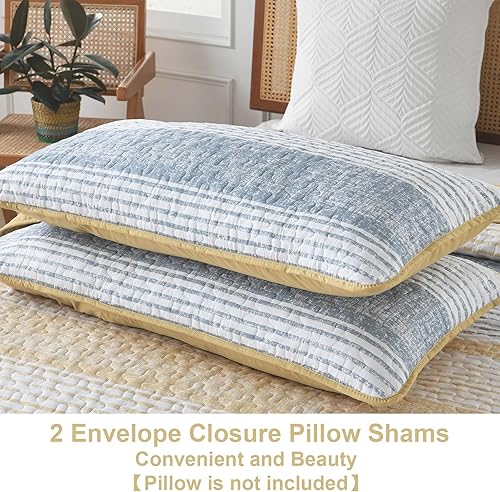 Miniatura 7 de Juego de edredón de 3 piezas tamaño Queen con patrón de rayas amarillas, colcha reversible amarilla con 2 fundas de almohada, juego de edredón