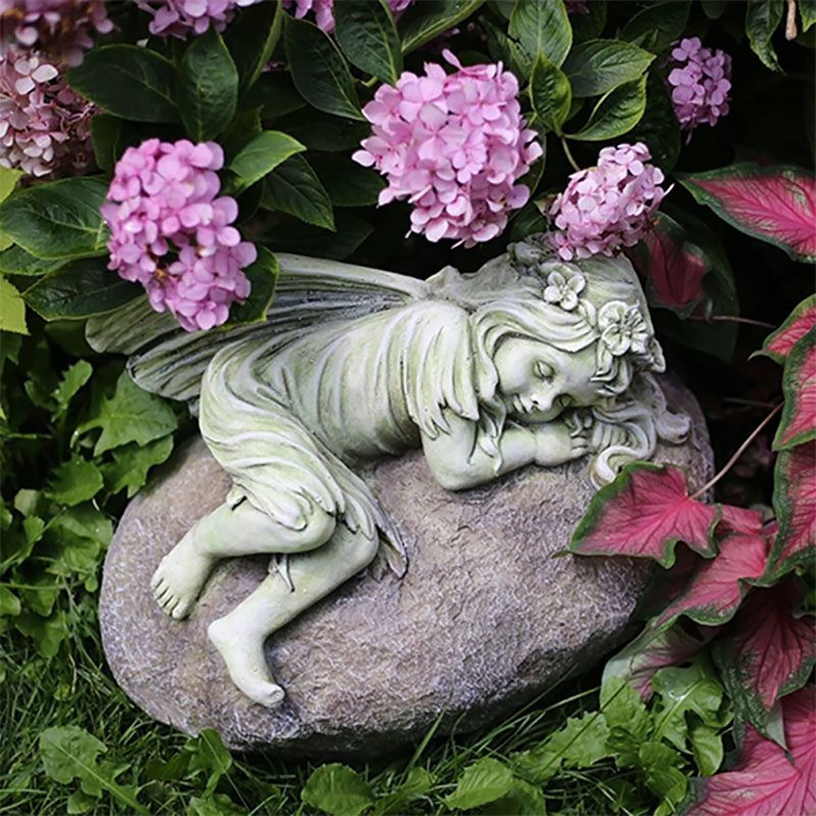 Ornamento da giardino Statua del giardino d'angelo addormentato - Ossido di magnesio cherubino che dorme su figura di pietra decorazione da giardino esterno interno