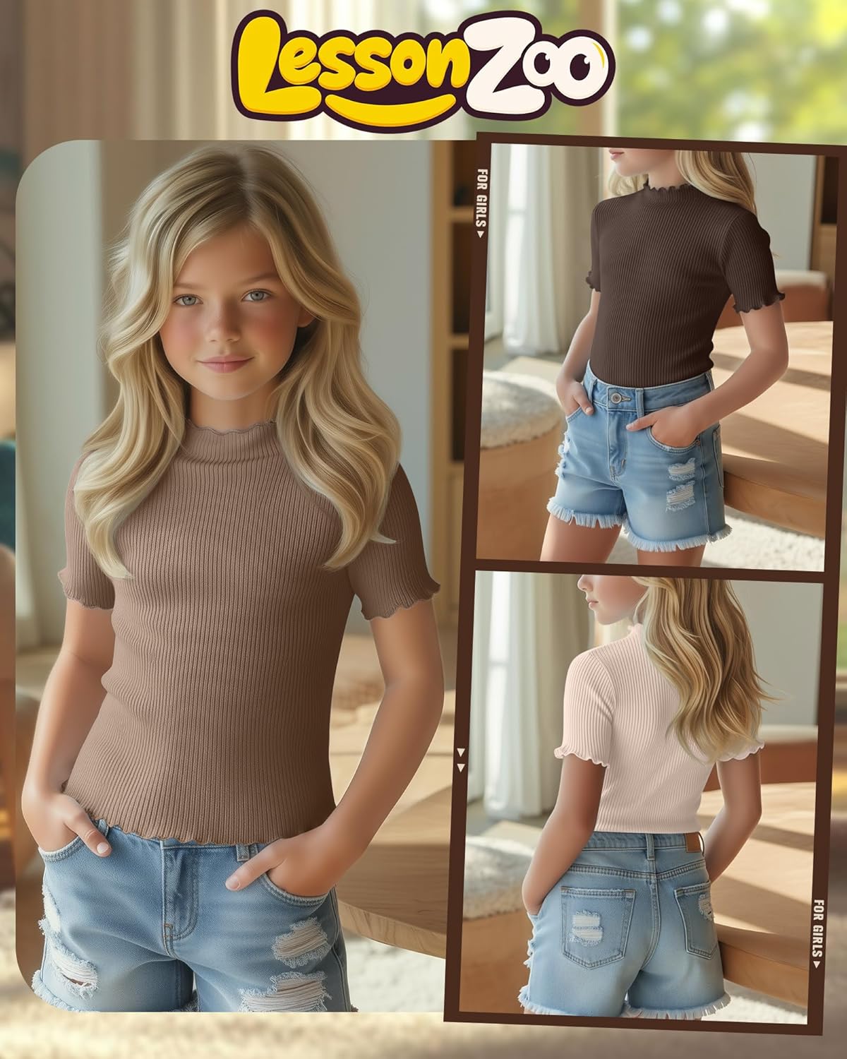 3 Pack Girls Mock Turtleneck Cotton Ribbed Shirts Short Sleeve Slim Lettuce Trim Tops Kids Casual Cute Basic Tees - Image 2