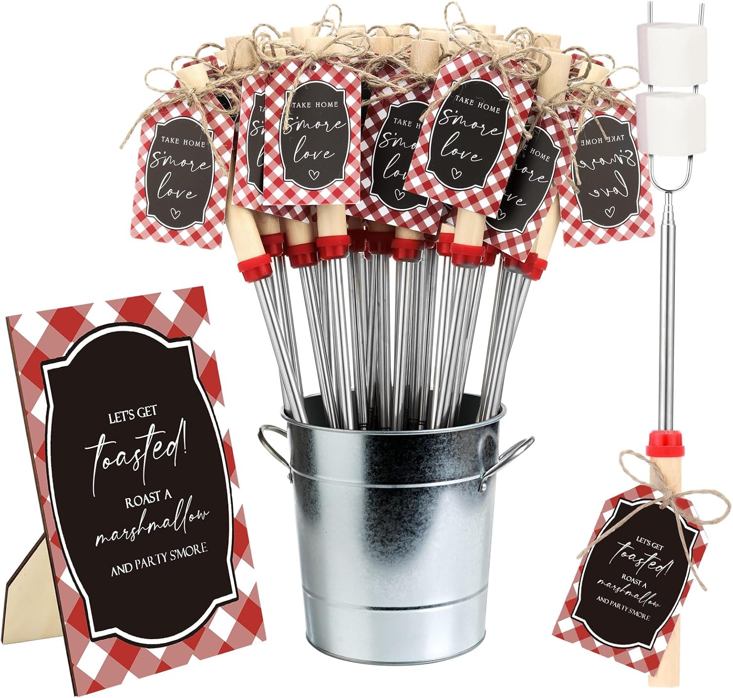 Tioncy 24 Set Rustic Wedding Favor for Guests S'mores Party Favors Include S'mores Stick Fire Pit Barbecue Skewertable Sign Tags with String Extendable Roasting Stick for Marshmallow Gift