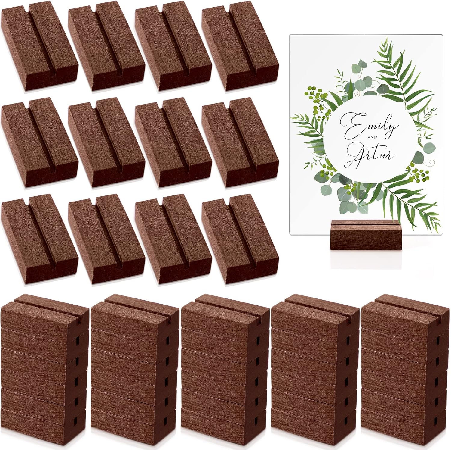 Roowest 50 Pcs Wood Place Card Holder 2 Inch Rustic Table Number Holders Stands Wooden Sign stand Photo Card Display for Wedding Party Birthday Retail Shop Office Pictures Menu Decorations