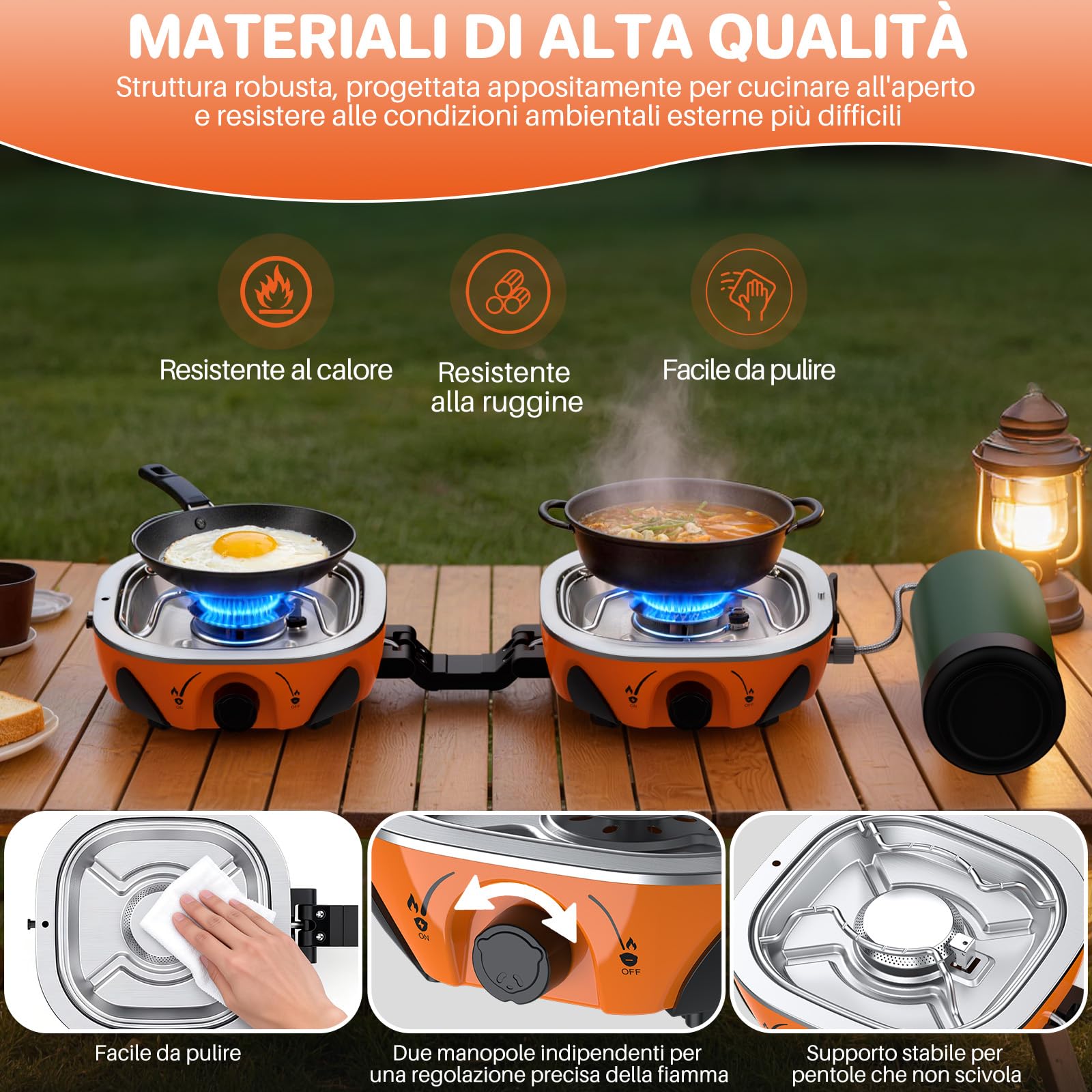 FUNYKICH Fornello da Campeggio a 2 Fuochi Pieghevole,2× 3Kw,Fornello da Campeggio,Fornello a Gas Portatile per Campeggio,Accensione Piezoelettrica,per Grill all’Aperto,con Borsa di Trasporto
