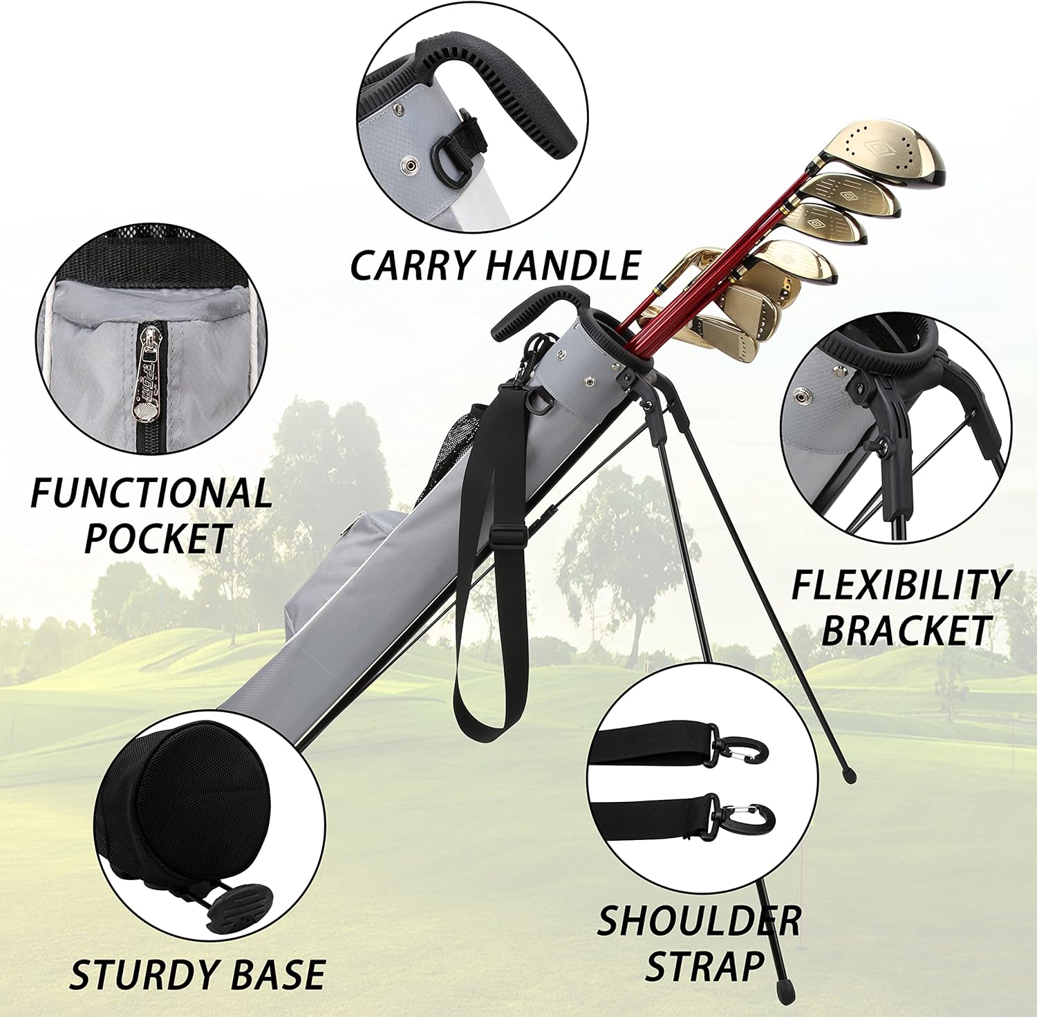 PGM Sunday Golf Bag with Stand and Strap - Ultra-Lightweight Pitch and Putt Carry Bag Holds Up to 9 Clubs - Waterproof Driving Range Travel Bag for Par 3 & Executive Courses