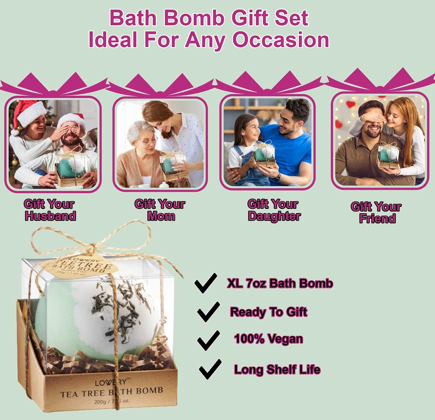 Tea Tree Bath Bomb, Natural Hand Crafted Luxury Fizzy Spa Bombs, Birthday Gifts for Women & Men, 7oz Aromatherapy Stress Relief, Self Care Relaxation Bath Gifts for Women, Mom, Shower